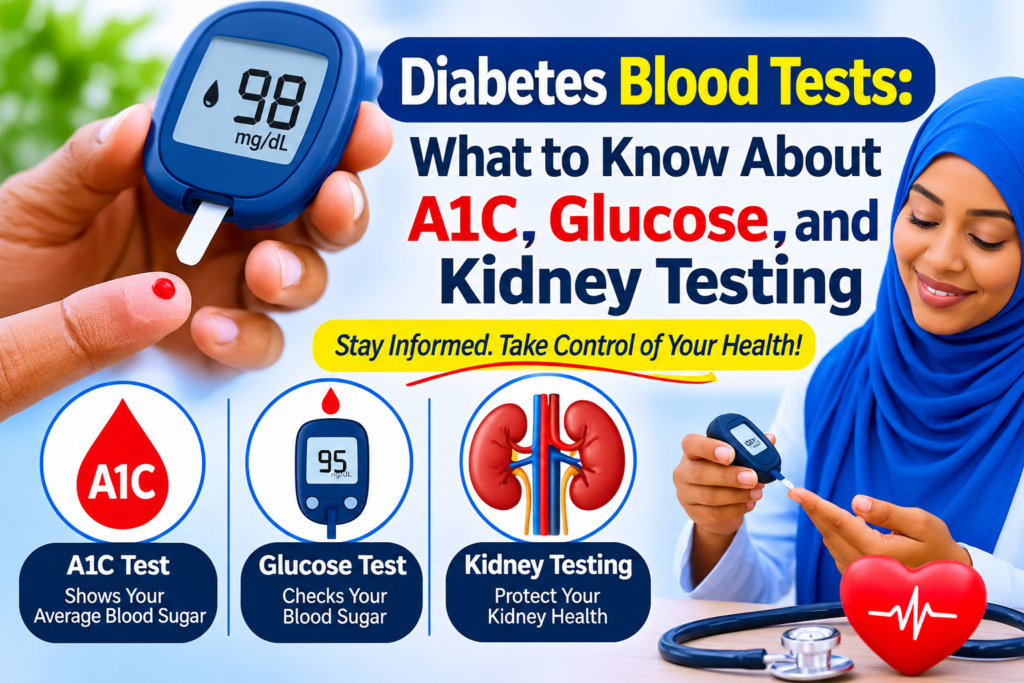 Diabetes blood tests including A1C, blood glucose monitoring, and kidney function testing