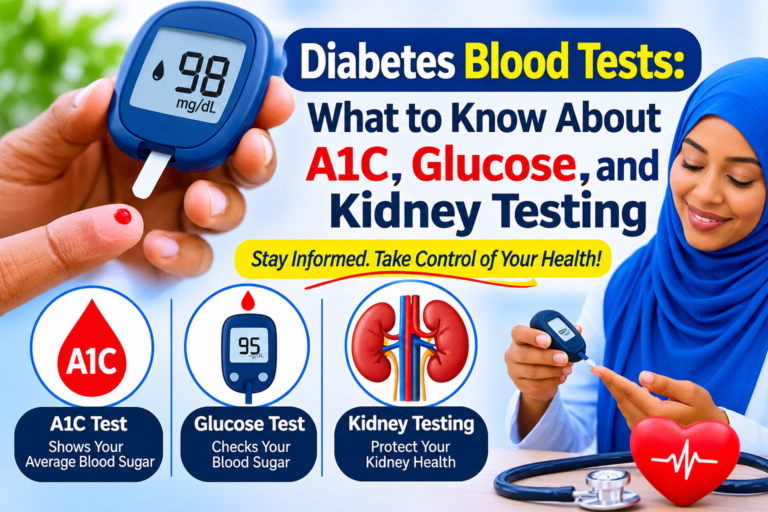 Diabetes blood tests including A1C, blood glucose monitoring, and kidney function testing