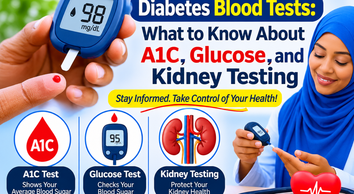 Diabetes blood tests including A1C, blood glucose monitoring, and kidney function testing